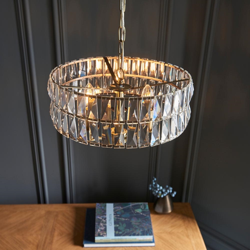 Endon 106243 - Luster na lancu CLIFTON 3xE14/6W/230V, Ø 38,5 cm, mesing/prozirno