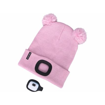 Extol - Dječja kapa s ugrađenom čelovkom i USB punjenjem 250 mAh, ružičasta s pomponima