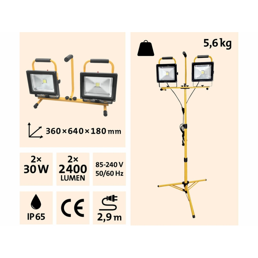 Extol - LED Reflektor na stalku 2xLED/30W/230V IP65
