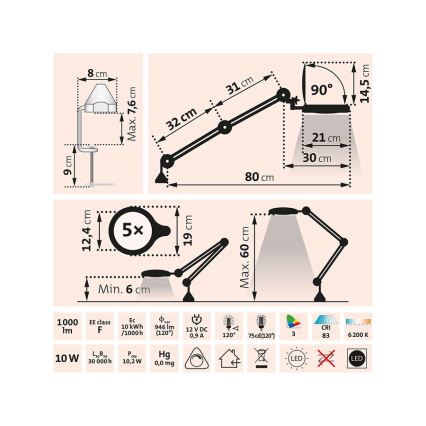 Extol - LED stolna lampa s lupom i mogućnošću regulacije svjetline LED/10W/230V bijela