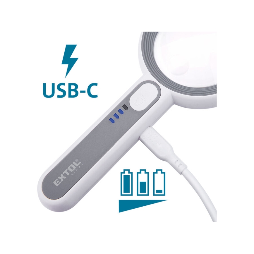 Extol - punjiva lupa s LED osvjetljenjem i podesivom svjetlinom, 650 mAh, bijela/siva