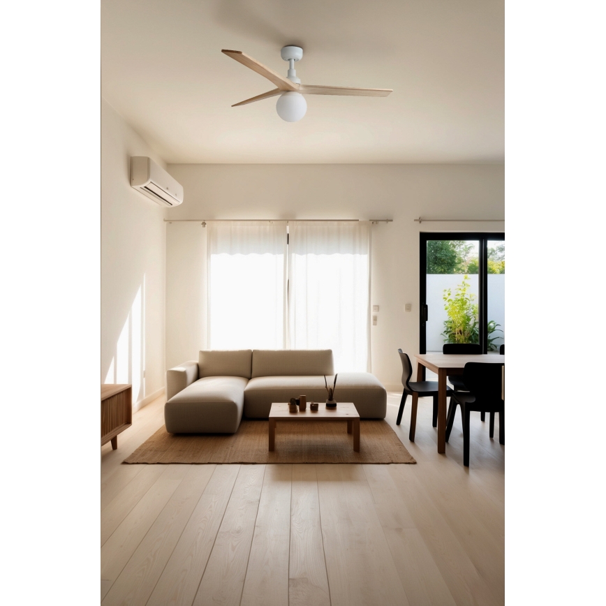 FARO 34280-11L - Stropni ventilator KLIM M 1xE27/15W/230V drvo/bijela pr. 125 cm + daljinski upravljač