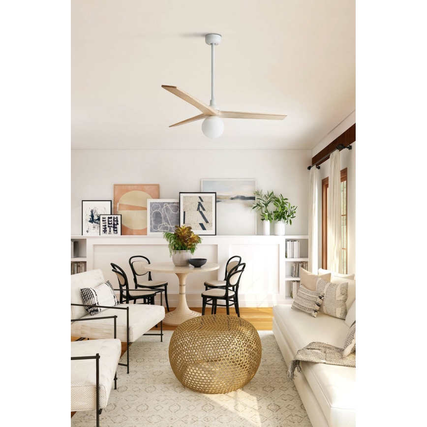 FARO 34280WT-11L - Stropni ventilator KLIM M 1xE27/15W/230V drvo/bijela pr. 125 cm Wi-Fi Tuya + daljinski upravljač