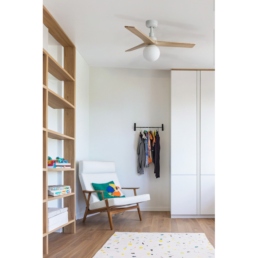 FARO 34281WT-11L - Stropni ventilator KLIM S 1xE27/15W/230V drvo/bijela pr. 92,5 cm Wi-Fi Tuya + daljinski upravljač