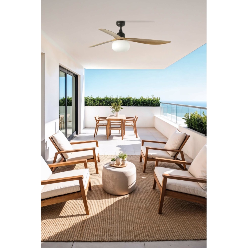 FARO 34360WT-11L - Stropni ventilator OUTWOOD L 1xE27/15W/230V smeđa/crna, promjer 150 cm, Wi-Fi Tuya IP44 + s daljinskim upravljačem