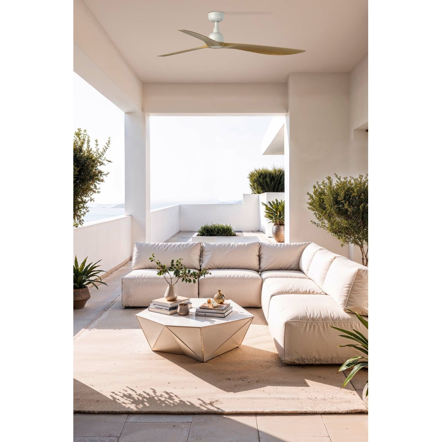 FARO 34361WT - Stropni ventilator OUTWOOD L, smeđa/bijela, promjer 150 cm, Wi-Fi (Tuya), IP44, s daljinskim upravljačem