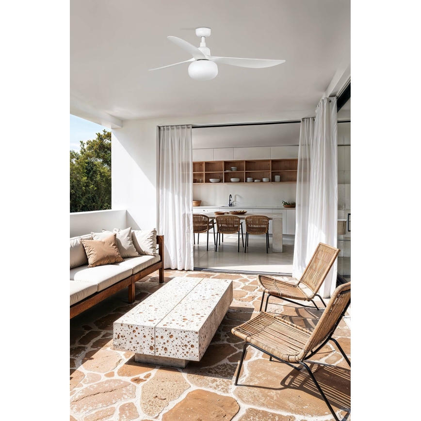 FARO 34363WT-11L - Stropni ventilator OUTWOOD L 1xE27/15W/230V bijela pr. 150 cm Wi-Fi Tuya IP44 + daljinski upravljač