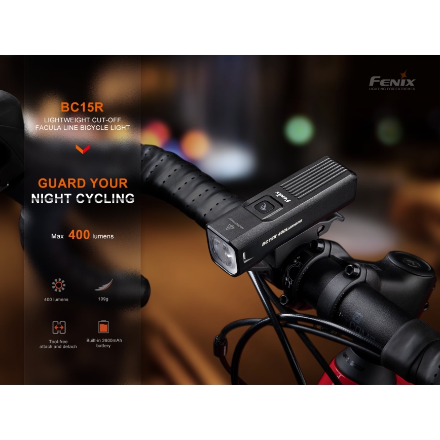 Fenix BC15R - LED Prigušiva punjiva svjetiljka za bicikl LED/USB IP66 400 lm 31,5 h 2600 mAh