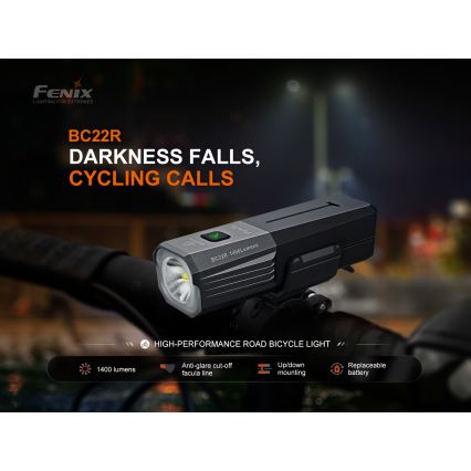 Fenix BC22R - punjivo LED svjetlo za bicikl s prigušivanjem LED/USB 3400 mAh IP66 1400 lm 41 h crno