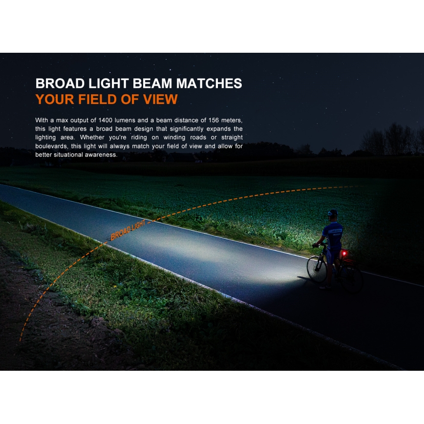 Fenix BC22R - punjivo LED svjetlo za bicikl s prigušivanjem LED/USB 3400 mAh IP66 1400 lm 41 h crno