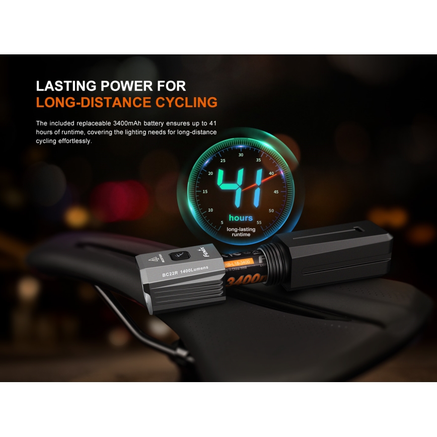 Fenix BC22R - punjivo LED svjetlo za bicikl s prigušivanjem LED/USB 3400 mAh IP66 1400 lm 41 h crno