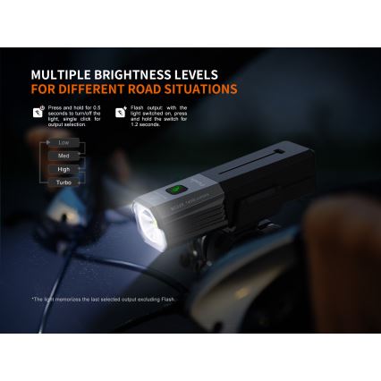 Fenix BC22R - punjivo LED svjetlo za bicikl s prigušivanjem LED/USB 3400 mAh IP66 1400 lm 41 h crno