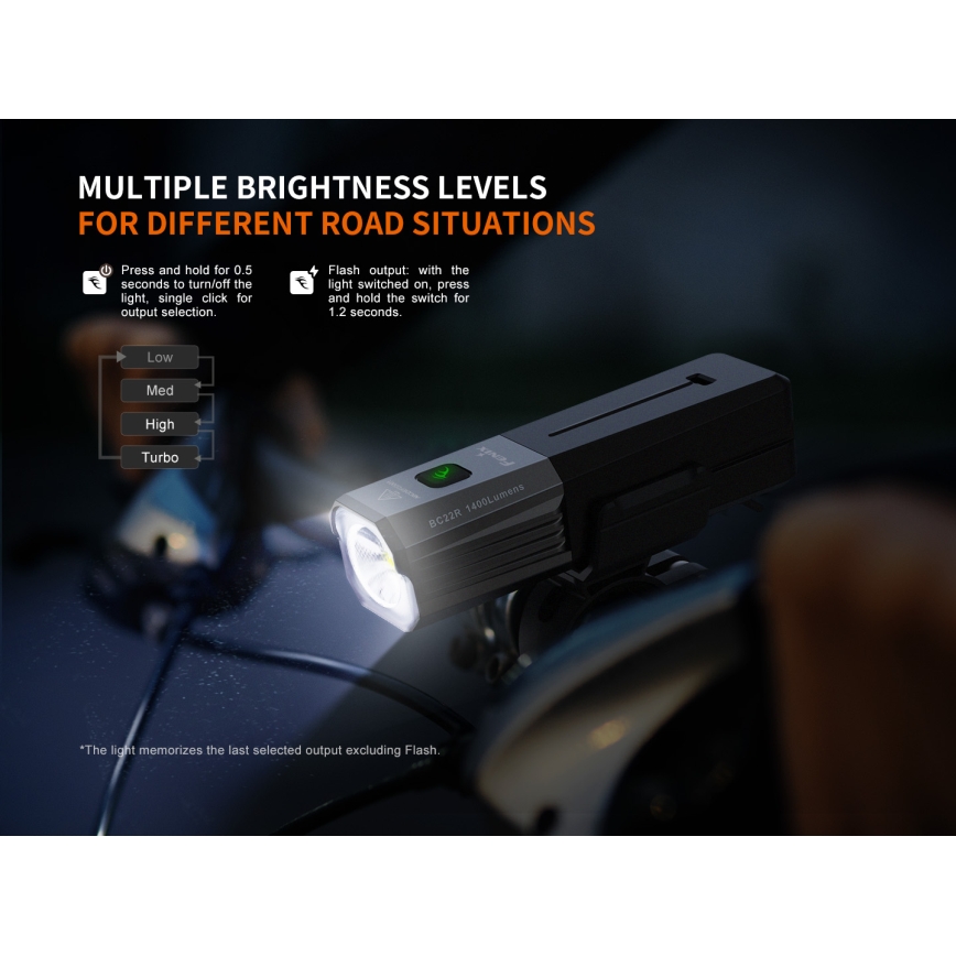 Fenix BC22R - punjivo LED svjetlo za bicikl s prigušivanjem LED/USB 3400 mAh IP66 1400 lm 41 h crno