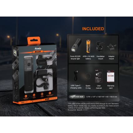 Fenix BC22R - punjivo LED svjetlo za bicikl s prigušivanjem LED/USB 3400 mAh IP66 1400 lm 41 h crno