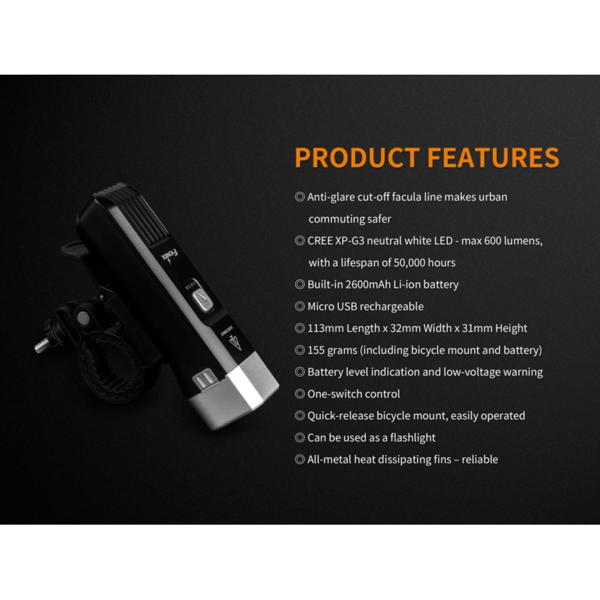 Fenix BC25R - LED Punjiva svjetiljka za bicikl LED/USB IP66 600 lm 36 h