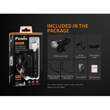 Fenix BC25R - LED Punjiva svjetiljka za bicikl LED/USB IP66 600 lm 36 h