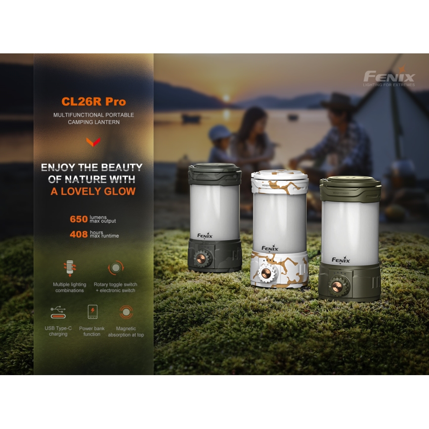 Fenix CL26RPROOLI - LED Prigušiva prijenosna punjiva lampa LED/USB IP66 650 lm 408 h 5000 mAh zelena