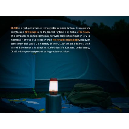 Fenix CL26RRED - LED Prigušiva prijenosna punjiva lampa LED/USB/2xCR123A IP66 400 lm 400 h 2600 mAh narančasta