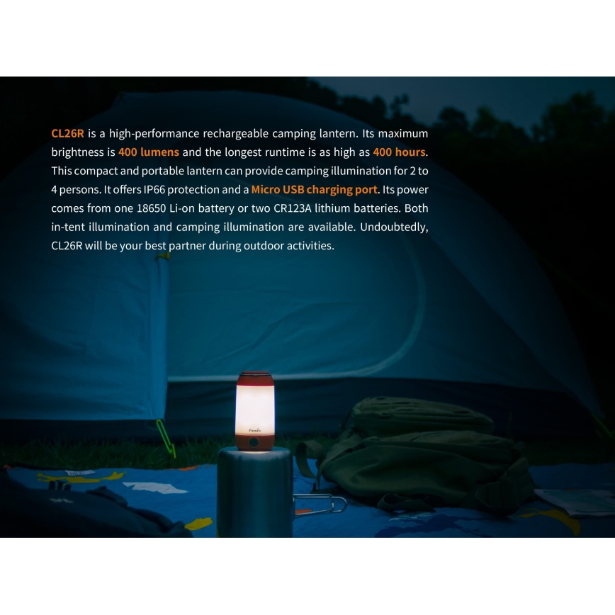 Fenix CL26RRED - LED Prigušiva prijenosna punjiva lampa LED/USB/2xCR123A IP66 400 lm 400 h 2600 mAh narančasta