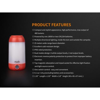 Fenix CL26RRED - LED Prigušiva prijenosna punjiva lampa LED/USB/2xCR123A IP66 400 lm 400 h 2600 mAh narančasta