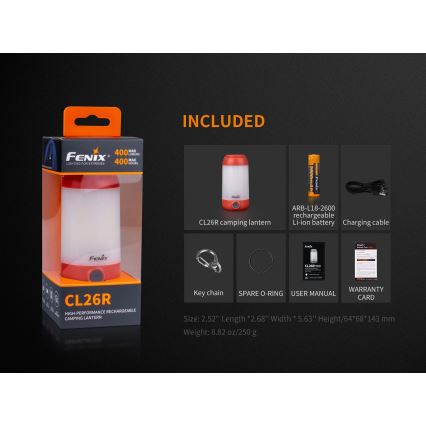 Fenix CL26RRED - LED Prigušiva prijenosna punjiva lampa LED/USB/2xCR123A IP66 400 lm 400 h 2600 mAh narančasta
