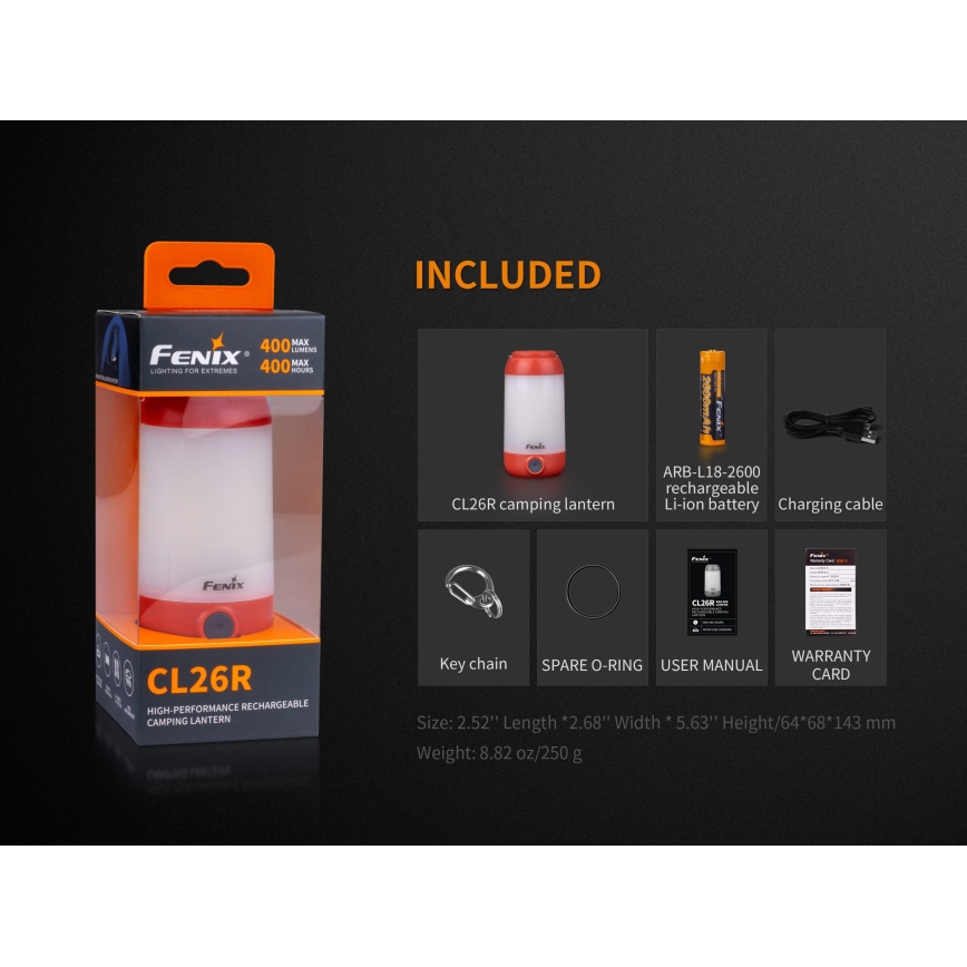 Fenix CL26RRED - LED Prigušiva prijenosna punjiva lampa LED/USB/2xCR123A IP66 400 lm 400 h 2600 mAh narančasta