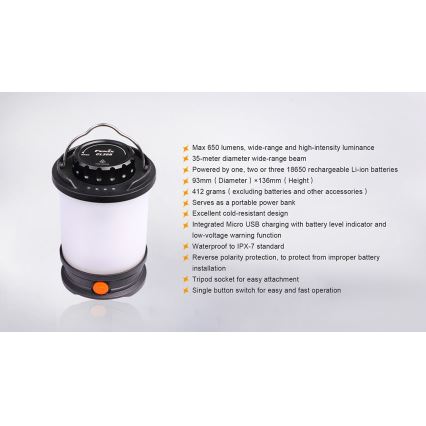 Fenix CL30R - LED Prijenosna punjiva lampa LED/USB/6xCR123A IPX7 650 lm 300 h 2600 mAh