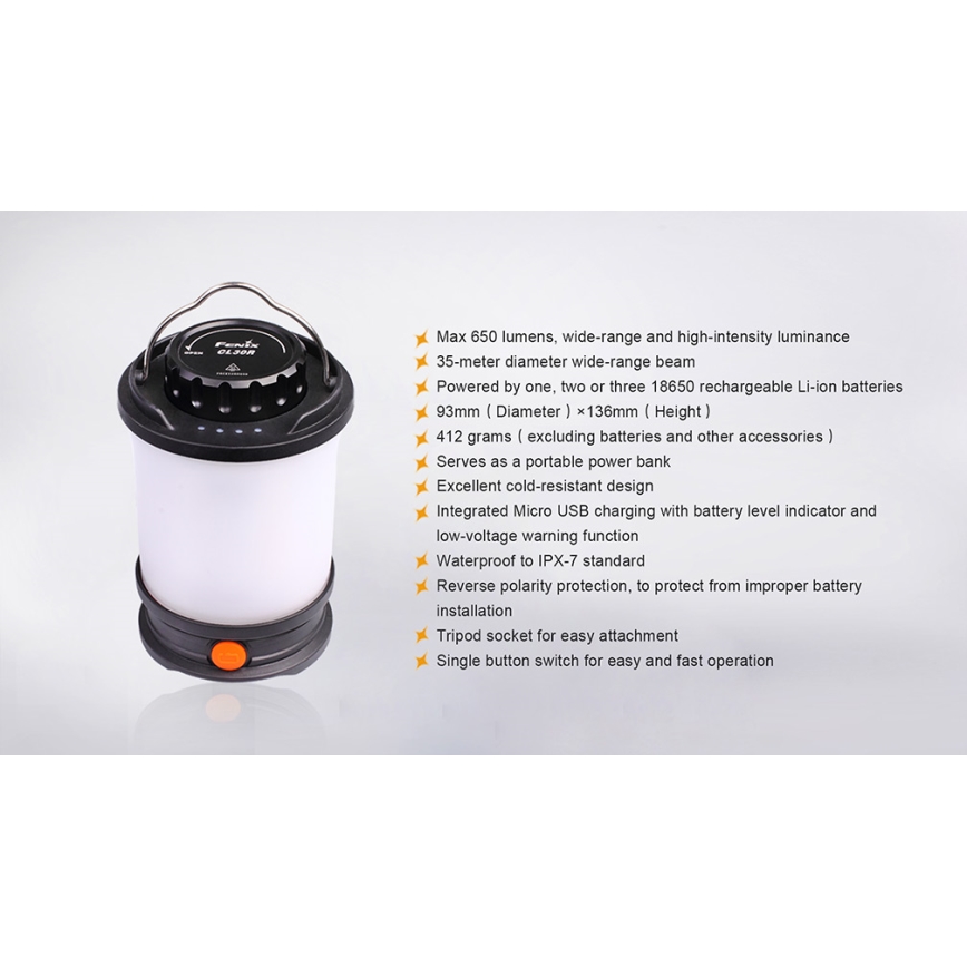 Fenix CL30R - LED Prijenosna punjiva lampa LED/USB/6xCR123A IPX7 650 lm 300 h 2600 mAh