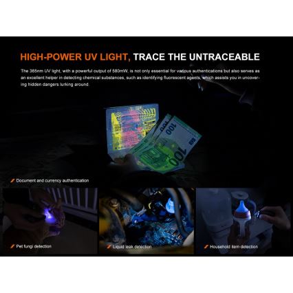 Fenix E06RGRY - LED Prigušiva punjiva baterijska svjetiljka UV LED/USB IP66 700 s. 60 h siva