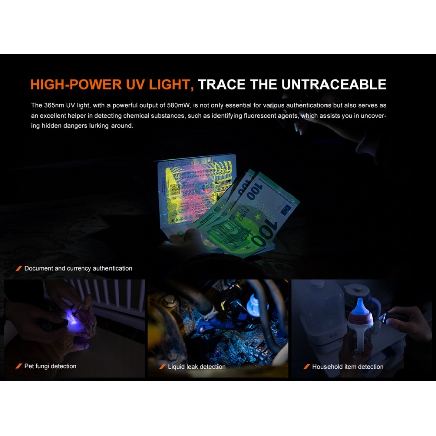 Fenix E06RGRY - LED Prigušiva punjiva baterijska svjetiljka UV LED/USB IP66 700 s. 60 h siva