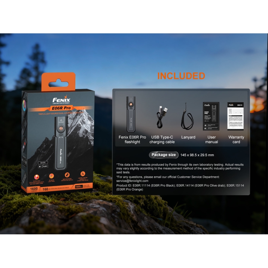 Fenix E06RPROEUBLC- LED punjiva ručna svjetiljka s podesivom svjetlinom LED/USB 1650 mAh IP66 1600 lm 111 h crna