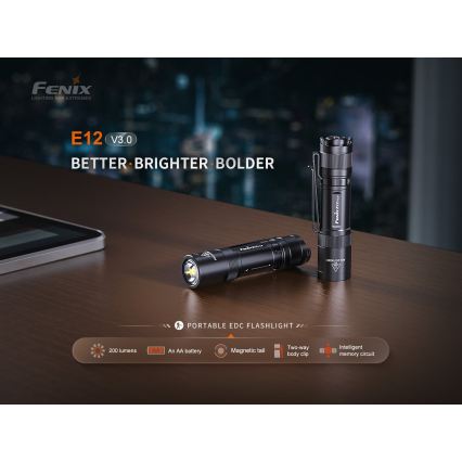 Fenix E12V30 - LED punjiva svjetiljka s prigušivanjem LED/1xAA 2000 mAh IP68 200 lm 100 h crna