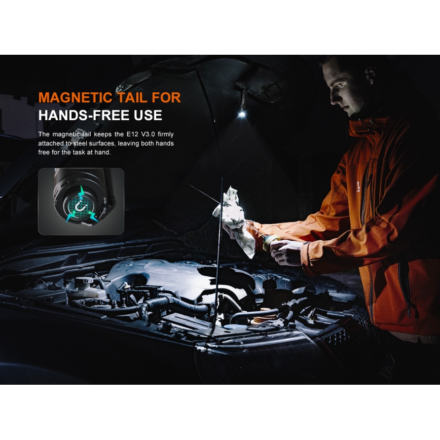 Fenix E12V30 - LED punjiva svjetiljka s prigušivanjem LED/1xAA 2000 mAh IP68 200 lm 100 h crna