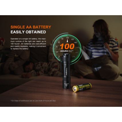 Fenix E12V30 - LED punjiva svjetiljka s prigušivanjem LED/1xAA 2000 mAh IP68 200 lm 100 h crna