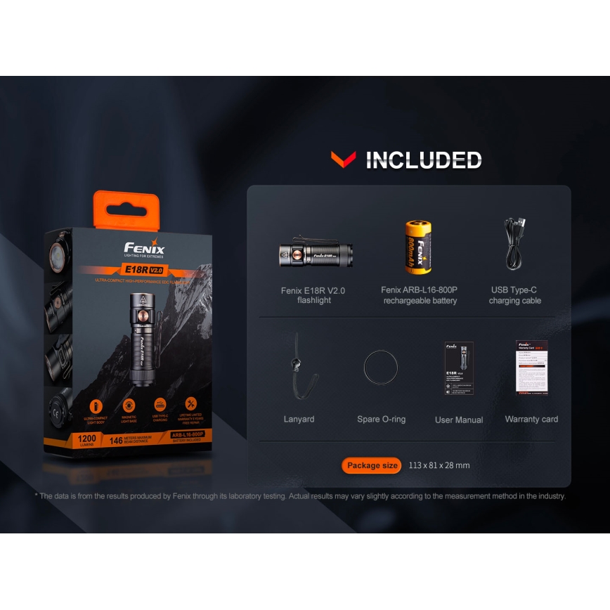Fenix E18RV20800 - LED punjiva svjetiljka s prigušivanjem LED/USB/1xCR123A 800 mAh IP68 1200 lm 200 h crna