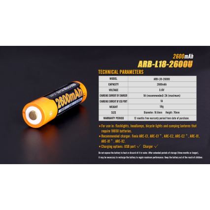 Fenix FE18650LI26USB - 1 kom Punjiva baterija USB/3,6V 2600 mAh
