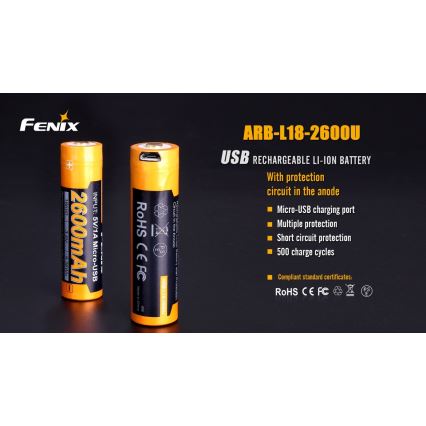 Fenix FE18650LI26USB - 1 kom Punjiva baterija USB/3,6V 2600 mAh