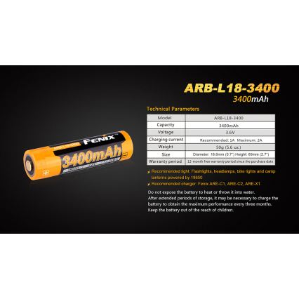 Fenix FE18650LI34 - 1 kom Punjiva baterija 18650/3,6V 3400 mAh