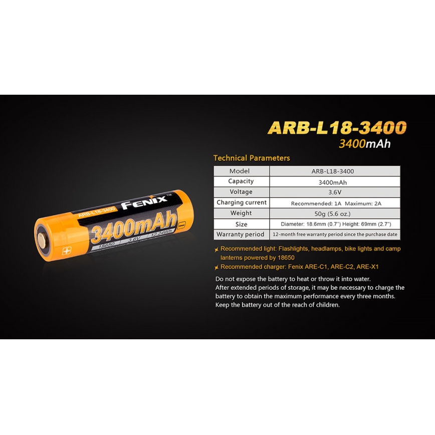 Fenix FE18650LI34 - 1 kom Punjiva baterija 18650/3,6V 3400 mAh