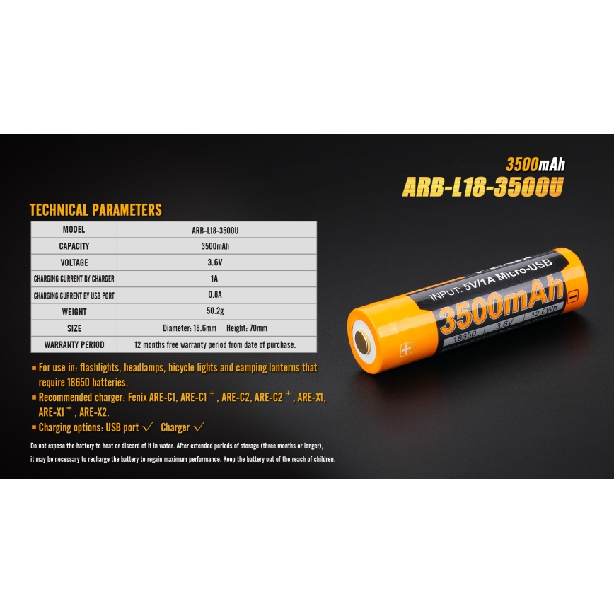 Fenix FE18650LI35USB - 1 kom. Punjiva Li-ion baterija USB/3,6V 3500 mAh