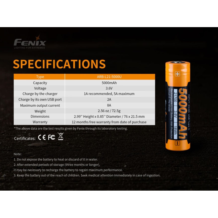 Fenix FE21700USB - 1 kom USB punjiva baterija/3,6V 5000 mAh