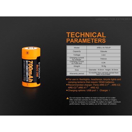 Fenix FERCR123ALIIONUP - 1 kom Punjiva baterija USB/3,6V 700 mAh