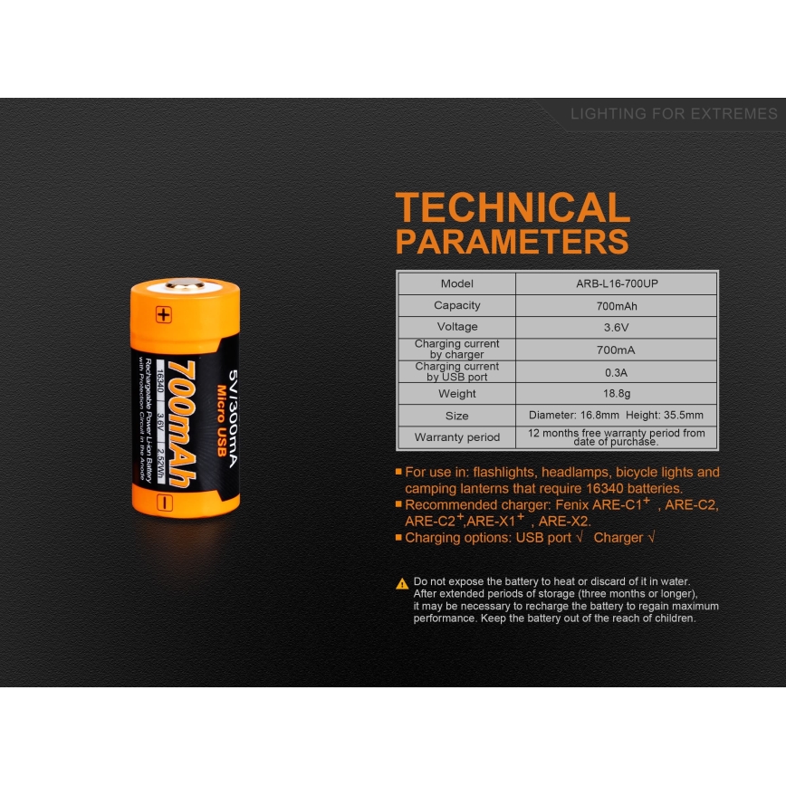 Fenix FERCR123ALIIONUP - 1 kom Punjiva baterija USB/3,6V 700 mAh