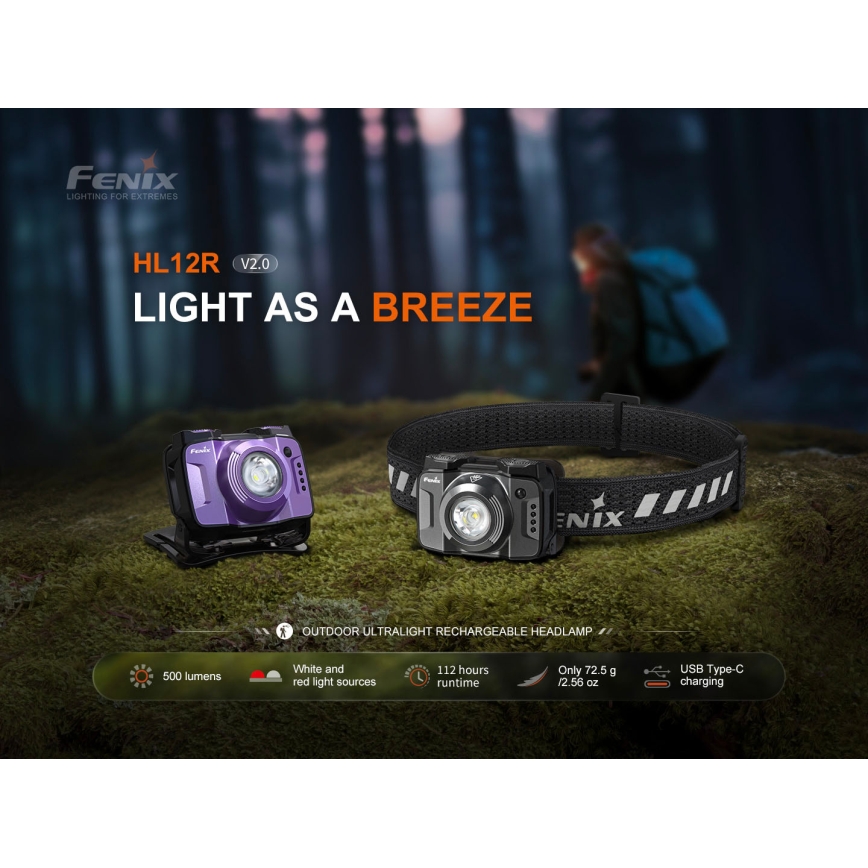 Fenix HL12RV20BLC - punjiva LED čelna svjetiljka s mogućnošću podešavanja svjetline LED/USB 950 mAh IP66 500 lm 112 h crna