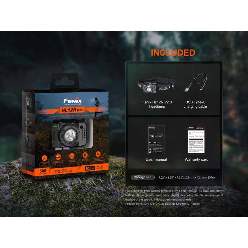 Fenix HL12RV20BLC - punjiva LED čelna svjetiljka s mogućnošću podešavanja svjetline LED/USB 950 mAh IP66 500 lm 112 h crna