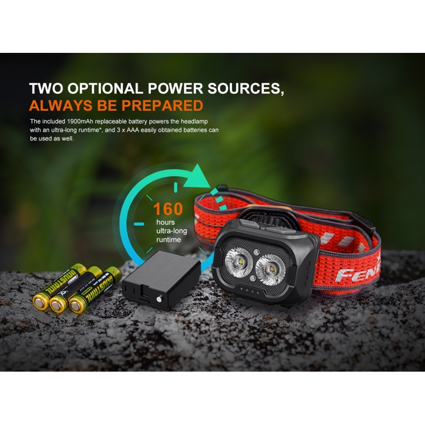 Fenix HL18RTV20BLC - LED Prigušiva punjiva čeona svjetiljka LED/USB/3xAAA IP66 800 lm 160 h 1900 mAh crna/narančasta