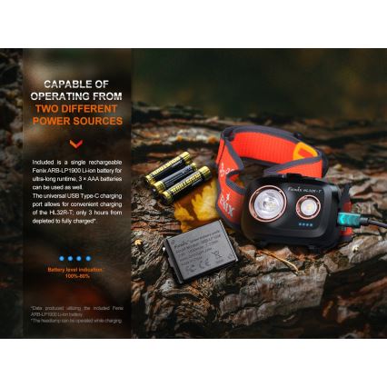 Fenix HL32RTBLCK - LED Punjiva čeona svjetiljka LED/USB/3xAAA IP66 800 lm 300 h 1900 mAh crna/narančasta