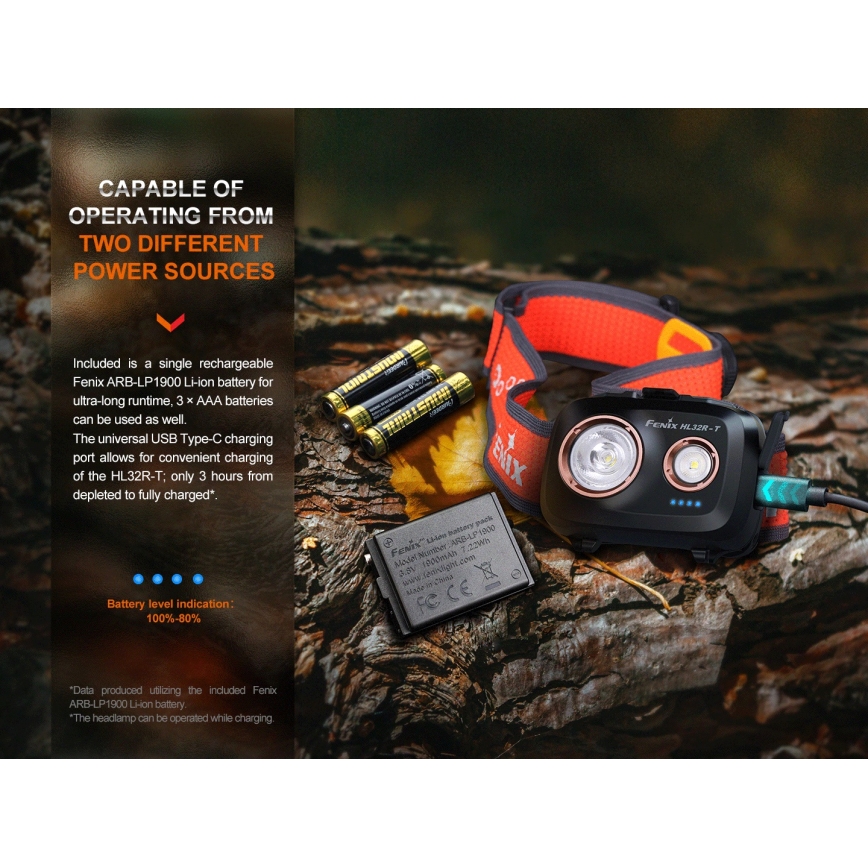 Fenix HL32RTBLCK - LED Punjiva čeona svjetiljka LED/USB/3xAAA IP66 800 lm 300 h 1900 mAh crna/narančasta