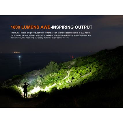 Fenix HL45R - LED Prigušiva punjiva fokusirajuća čeona svjetiljka LED/USB IP66 1000 lm 240 h crna