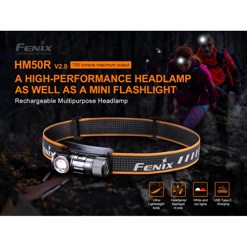 Fenix HM50RV20 - LED Punjiva čeona svjetiljka 3xLED/USB/1xCR123A IP68 700 lm 120 h 700 mAh